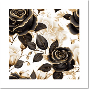 Black and White Roses with golden inticate detales pattern, classic vintage design Posters and Art